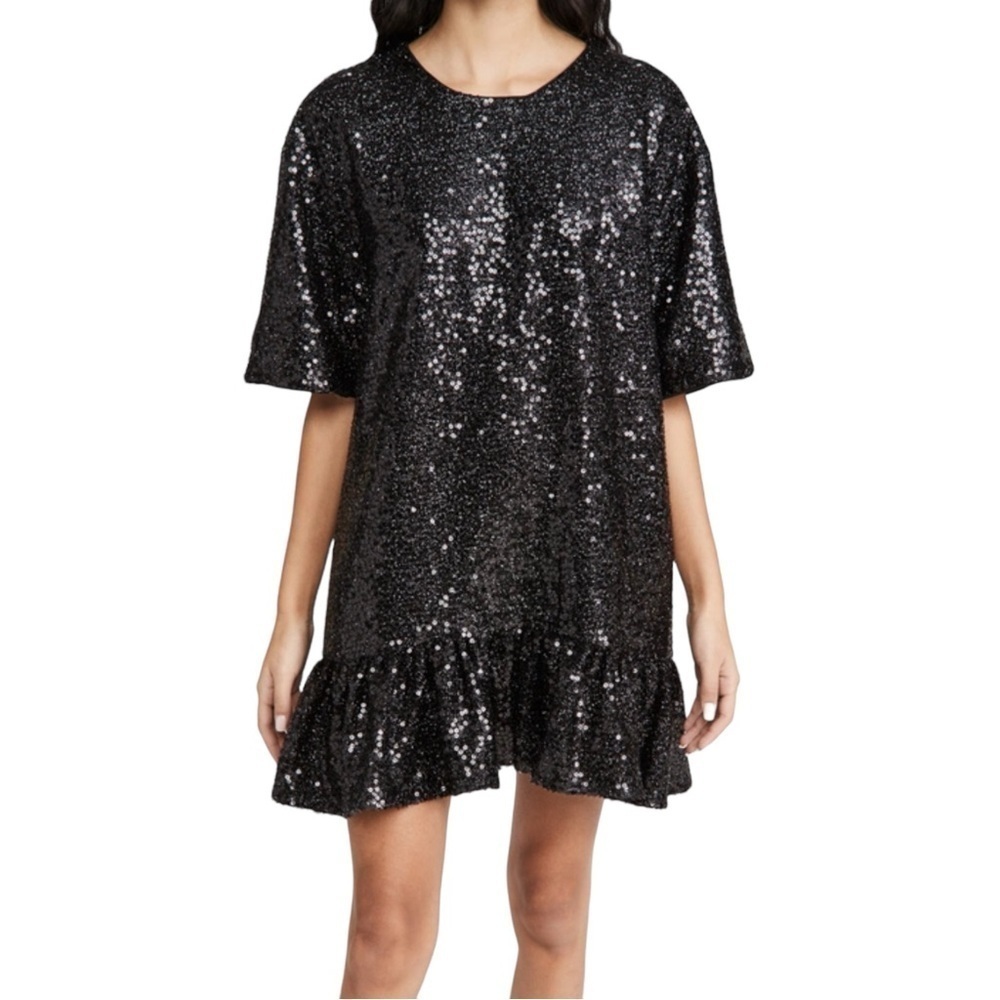 By Together Sequin Drop Waist Ruffle Hem Black Short Dress